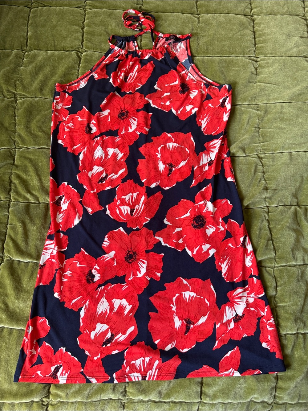 Trina Turk Navy Halter Mini Dress with Bold Red Floral
